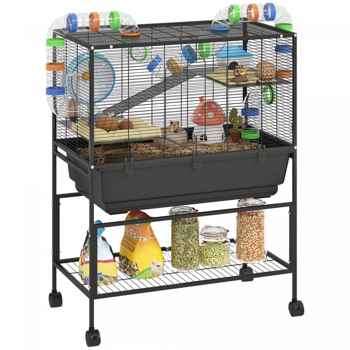 Pawhut Large Hamster Cage With 7\" Deep Tray, 3 Tier Rolling Gerbil Cage With Storage Shelf, Big Exercise Wheel, Tube System, Hut, Platforms, Ramps, For Syrian, Gerbil, Rat