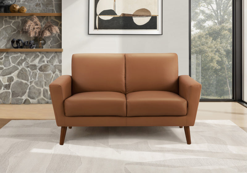Upholstered Love Seat, 58\" L, Brown Leather-Look, Walnut Wood Legs, Mid-Century Loveseat