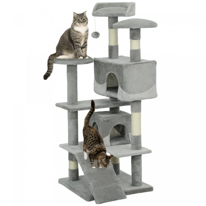 Pawhut 53\" Cat Tree Tower, Large Cat Condo Furniture Multi-level Activity Center With Scratching Posts, Perches, Ramp, Dangling Balls - Grey