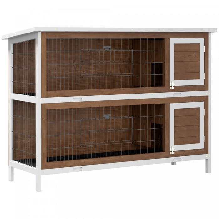 Pawhut 54\"l 2-story Large Rabbit Hutch Bunny Cage Wooden Pet House Small Animal Habitat With Lockable Doors, No Leak Tray And Waterproof Roof For Outdoor/indoor Brown