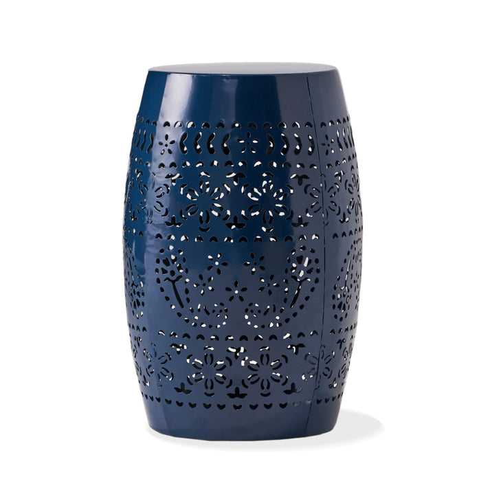 Phoenix Indoor 12\" Barrel Shape Iron Side Table With Lace-cut Design, Navy Blue