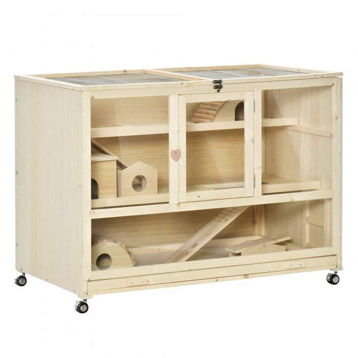 Pawhut Wooden Hamster Cage, 3 Tier Rat Cage With Openable Roof, Run, Ladders, Wheels, Tray, For Hamsters, Rats, Syrian, Small Animals Exercise Play House, Natural Wood