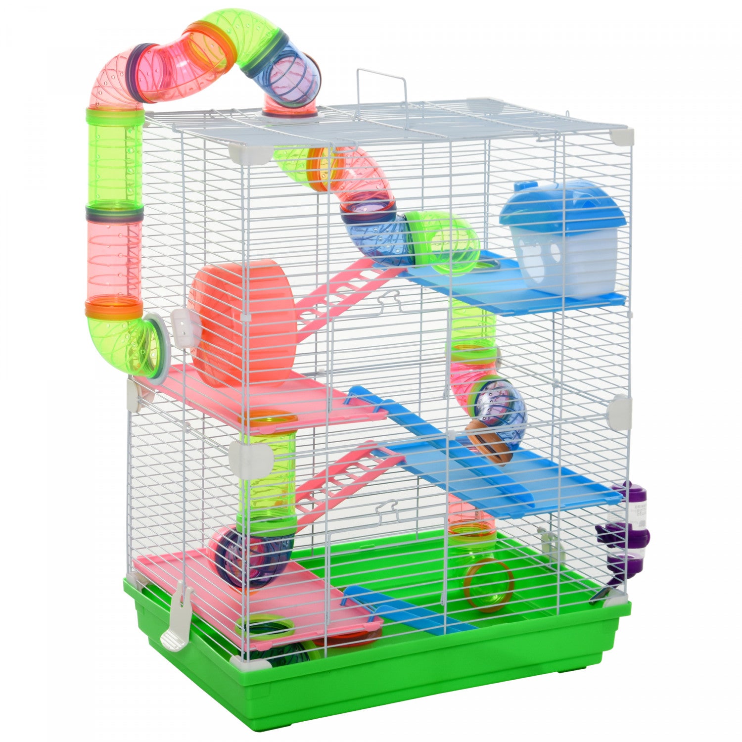PAWHUT 5 Tiers Hamster Cage Portable Animal Travel Carrier Habitat With Exercise Wheels Play Tube Water Bottle Dishes House Ladder for Gerbils