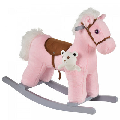 Qaba Kids Plush Ride-on Rocking Horse With Bear Toy, Children Chair With Soft Plush Toy & Fun Realis|Qaba Cheval A Bascule En Peluche Pour Enfants Avec Ours, Chaise Pour Enfants Avec Peluches Douces Et