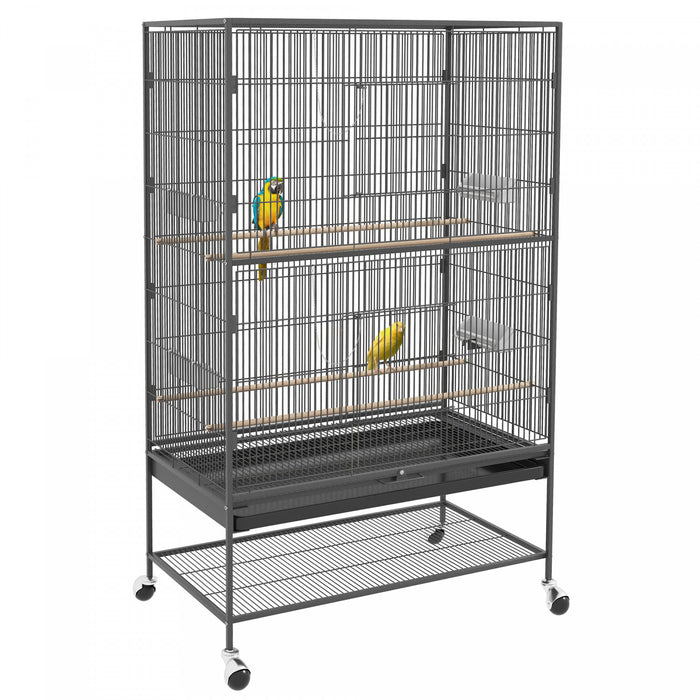Pawhut 60\" Bird Cage With Stand For Cockatiels Canaries Lovebirds Finches, Budgie Cage With Wheels, Removable Tray, Storage Shelf