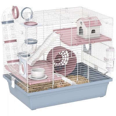 PawHut Hamster Cage, 3-Level Small Animal House with Excerise Wheel, Food Bowl, Water Bottle, House, Tunnels, Ramps, Gerbil Cage for Dwarf Hamster, 19" x 13" x 17", Blue