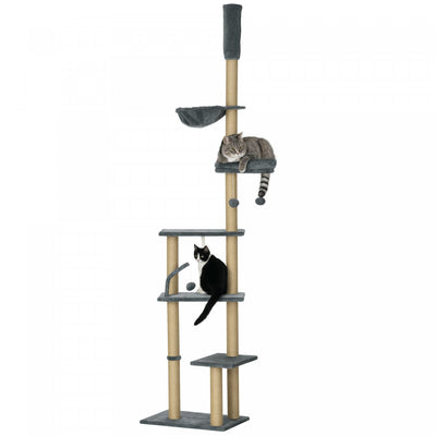 Pawhut floor To Ceiling Cat Tree, 90.5" - 98.5" Adjustable height Cat Tower with Scratching Post, Dangling Balls, Platforms, Bed, Hammock, Grey