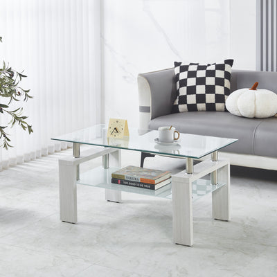 Lucius Modern Geometric Design Tempered Glass Coffee Tablewith Metal Frame and Clear Glass,White  | Table basse moderne Lucius au design geometrique en verre trempe avec cadre en metal et verre transparent, blanc