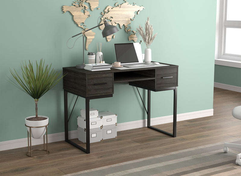 Computer Desk Study Desk For Home Office, Gaming Room 42.5l Dark Grey 2 Drawers 1 Shelf Black Metal Base