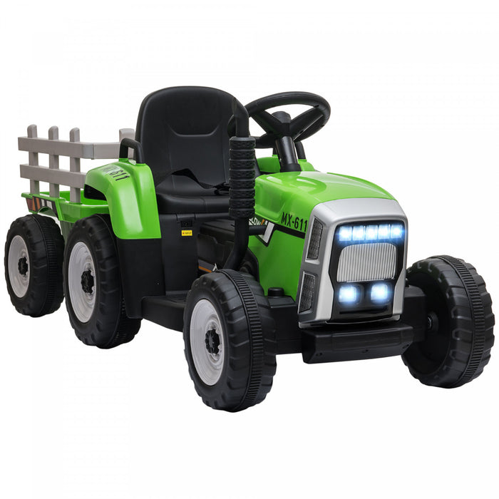 Aosom 12v Kids Powered Ride-On Tractor With Trailer, Battery Powered Electric Tractor With Remote Control, Music Start Up Sound And Horn, Usb, Led Lights, Green