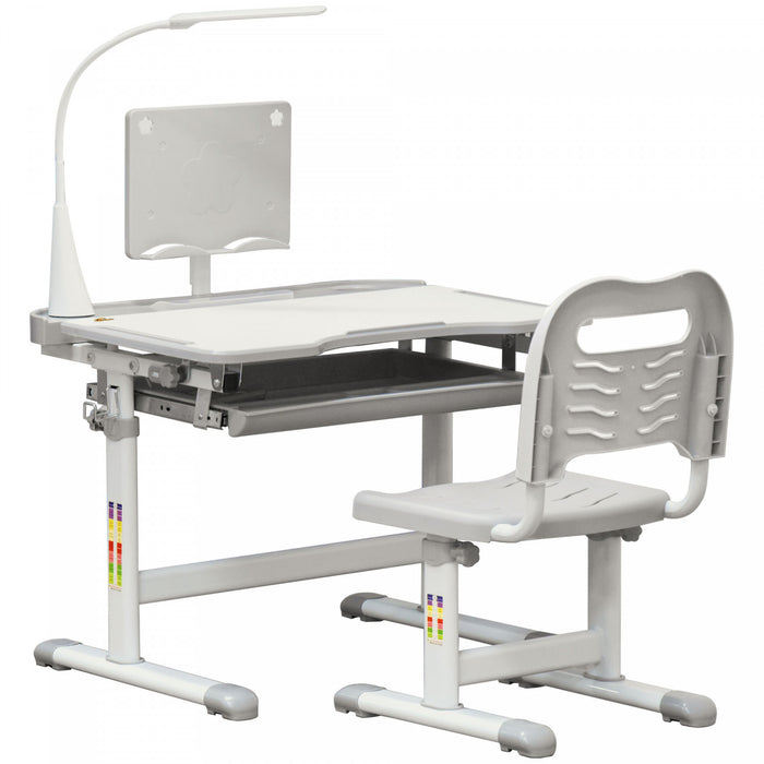 Qaba Kids Desk And Chair Set Height Adjustable Student Writing Desk Children School Study Table With Tilt Desktop, Led Lamp, Pen Box, Drawer, Reading Board, Cupholder, Grey