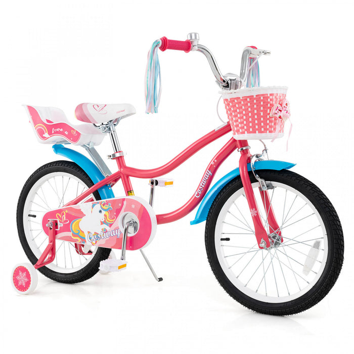 Costway 18\" Kids Bike For 4-8 Years Old With Basket Doll Seat & Colorful Streamers Kickstand Pink
