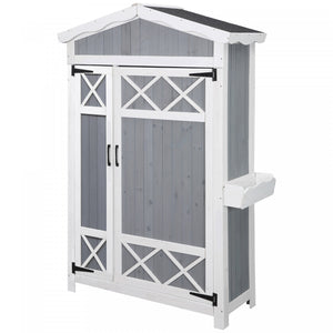 Outsunny 52'' X 20'' Wooden Garden Shed With Foldable Workstation And Flower Stand, Outdoor Tool Storage Organizer With Asphalt Roof, Multifunctional Sheds - Grey