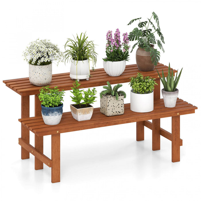 Costway 2 Tier Wood Plant Stand With Teak Oil Finish Indoor & Outdoor Flower Pot Holder