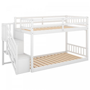Joanna Twin Floor Solid Wood Bunk Bed With Storage Ladder, Low Height Design, White