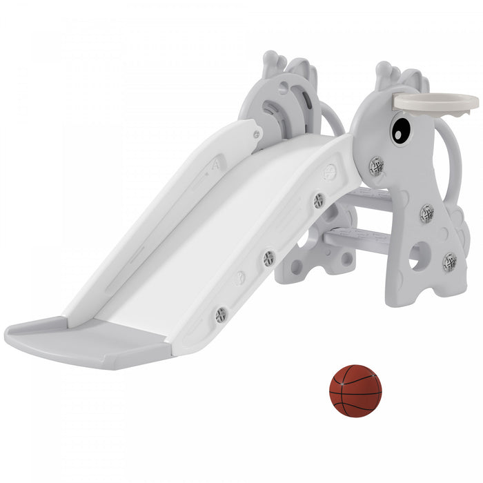 Qaba Toddler Slide, 3 in 1 Kids Slide for Toddler Aged 1-3 with Climber, Basketball Hoop and Ball, Baby Playset with Giraffe Design, for Indoor and Outdoor Play, Grey