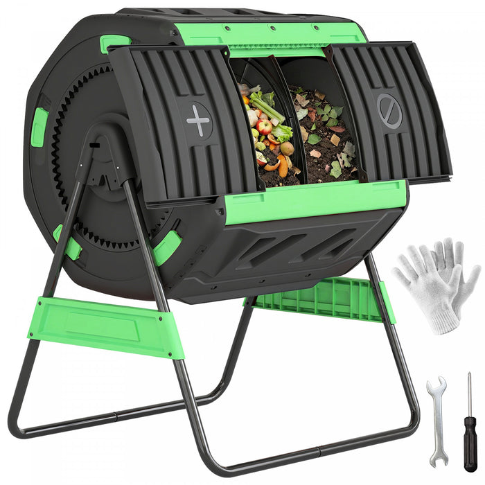 Outsunny Compost Bin Outdoor, 53 Gal Dual Chamber Tumbling Composter with Adjustable Vents, BPA Free Rotating Tumbling Composter with 2 Sliding Doors for Garden, Yard, Green