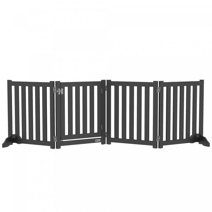 Pawhut Foldable Dog Gate With Door, 4 Panels Freestanding Pet Gate With Support Feet Indoor Playpen For Small Dogs And Below, Black