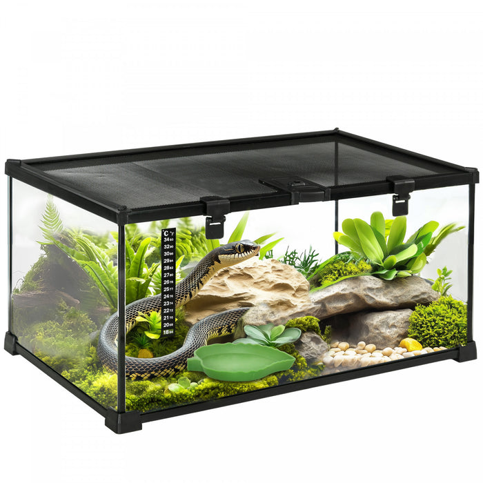Pawhut Glass Reptile Terrarium, 20\"x12\"x10\"jumping Spider Enclosure With Thermometer, Water Basin, Full View Visually For Lizards, Horned Frogs, Snakes, Spiders - Black