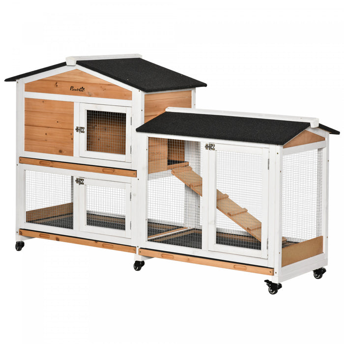 Pawhut 62\" Wooden Rabbit Hutch, Bunny Cage With Wheels, Run Box, Tray, Ramp For Small Animals, Guinea Pig, Indoor Outdoor Use, Yellow