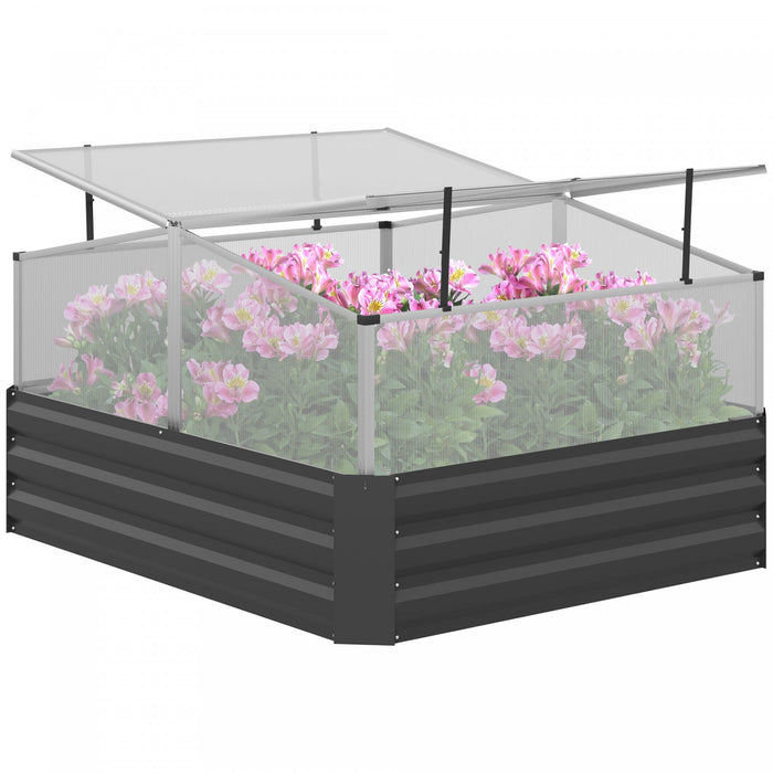 Outsunny 49.6\" X 42.1\" X 26.6\" Galvanized Raised Garden Bed With Greenhouse, Steel Planters For Outdoor Plants, Flowers, Herbs And Vegetables, Use For Patio, Backyard, Balcony, Dark Grey