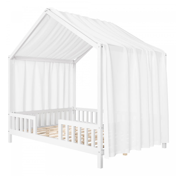 Paul Montessori Floor Bed with Canopy and High Railings,Full Size,White Full Bed