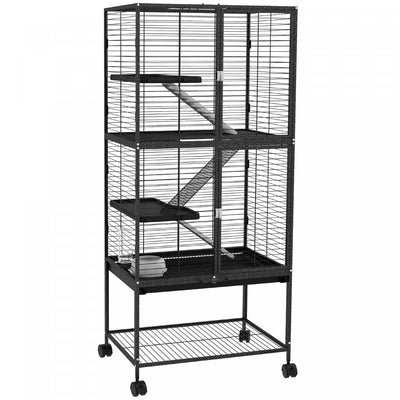 Pawhut Small Animal Cage With Wheels, Pet Playpen For Rat, Kitten, Ferrets, Chinchillas With Bottom |Pawhut Cage A Furet Roulant 53,5 Po De Hauteur Pour Petits Animaux, Cage A 4 Niveaux Pour Chinchilla