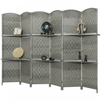 HOMCOM Folding Privacy Screen with Shelves, 6 Panel Room Divider, Grey