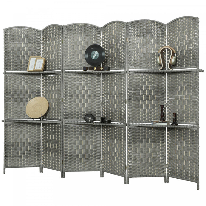 HOMCOM Folding Privacy Screen with Shelves, 6 Panel Room Divider, Grey