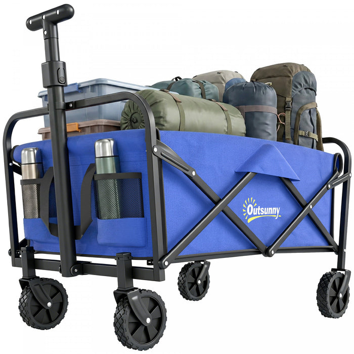 Outsunny Collapsible Folding Wagon Cart, Heavy Duty Outdoor Utility Garden Cart with Universal Wheels and Adjustable Handle for Sports, Camping, Shopping, Blue