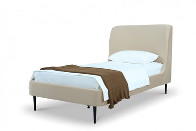 Heather Mid-Century Modern Velvet Upholstered Twin Bed in Taupe and Black | Lit une place Heather style milieu du siecle moderne en velours taupe et noir