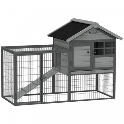 PawHut Rabbit Hutch Outdoor, 48"L Large Wooden Bunny Cage with Run, Robust Metal Frame, Removable Plastic Tray, Asphalt Roof, Ramp, Guinea Pig Cage for 1-2 Rabbits, Grey