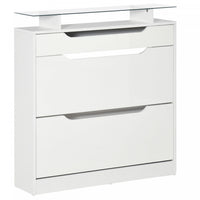 HOMCOM High Gloss Shoe Cabinet with 2 Flip Drawers and Glass Top, White