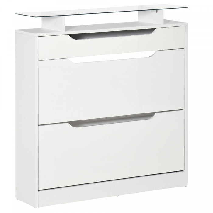 HOMCOM High Gloss Shoe Cabinet with 2 Flip Drawers and Glass Top, White