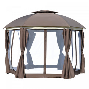 Outsunny 12' X 12' Round Outdoor Gazebo, Patio Double Soft Top Gazebo Canopy Shelter With Zipper Netting Sidewalls And Removable Curtains For Garden, Patio, Backyard, Brown