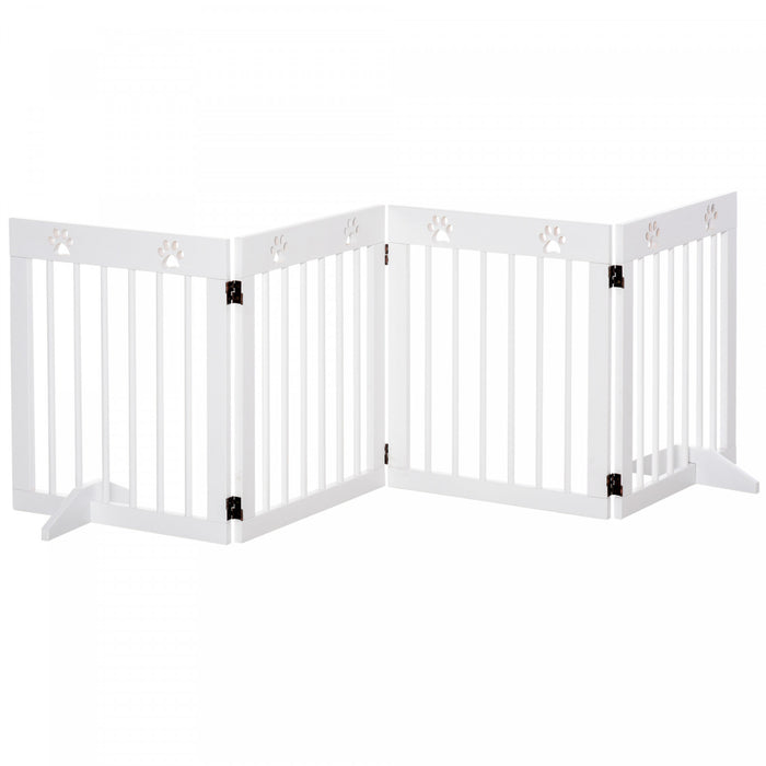 Pawhut Freestanding Pet Gate 4 Panel Wooden Dog Barrier Folding Safety Fence With Support Feet Up To 80.25\" Long 24\" Tall For Doorway Stairs White