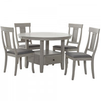 Prescott 5-Piece Round Pedestal Dining Set with Storage Drawer, Grey (Seats 4)