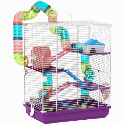 PawHut 5 Tiers Hamster Cage Portable Animal Travel Carrier Habitat with Exercise Wheels Play Tube Water Bottle Dishes House Ladder for Gerbils, Purple