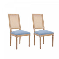 Oliver Solid Wood Rubberwood Dining Chair Set of 2 with Upholstered Seat Cane Backrest and Fluted Legs,Blue 