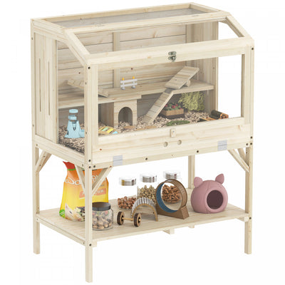 PawHut Wooden Hamster Cage, Gerbil Cage with Openable Top, Removable Tray, Seesaws, Water Bottle, Transparent Panels for Syrian, Dwarf Hamsters and Gerbils, 33.1" x 20.9" x 43.3"