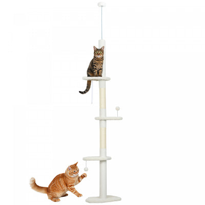 PawHut Floor to Ceiling Cat Tree with Scratching Posts, 88.5"-100.5" Adjustable Height Cat Tower with Cloud Shaped Platforms, Dangling Balls, Cream