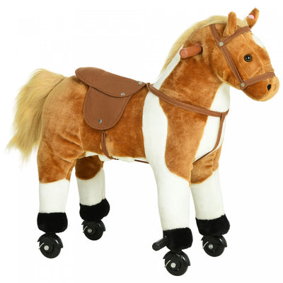 Qaba Kids Rocking Horse, Large Walking Ride On Toy For Toddlers 3 Year Old, Baby Plush Animal Rocker|Qaba Cheval A Bascule Jouet Son Henissement Peluche Avec Roue Cadeau Enfant 110lb Capacite De Poids