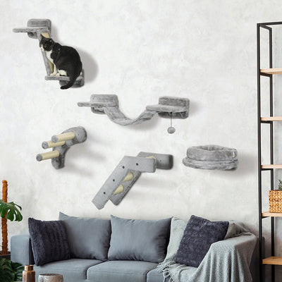 Pawhut 5pcs Cat Wall Shelf With Scratching Post, Cat Wall Shelves For Relaxing, Climbing, Cat Wall With Soft Ladder, Cat Bed, Play Ball, Grey