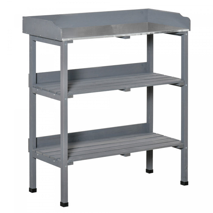 Outsunny Outdoor Potting Bench, Wooden Potting Table W/ Hooks, Grey