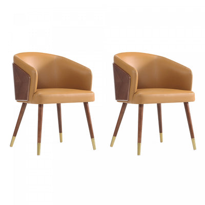 Reeva Modern Wood Vegan Leather Dining Chair in Camel - Set of 2 | Chaise de salle a manger moderne en bois et cuir vegetalien Reeva couleur camel - Lot de 2