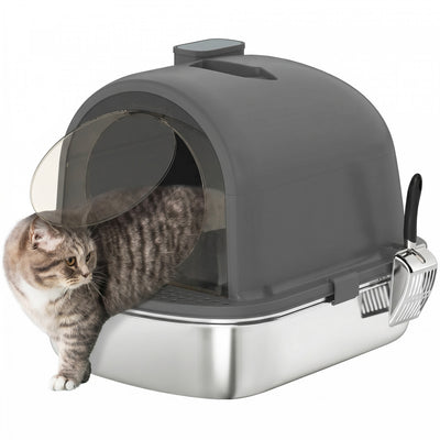 PawHut Stainless Steel Litter Box with Lid, Enclosed Cat Litter Box with Scoop, Deodorizer Bag, Handle, Odour Control, Non-Sticky and Easy to Clean, Dark Grey
