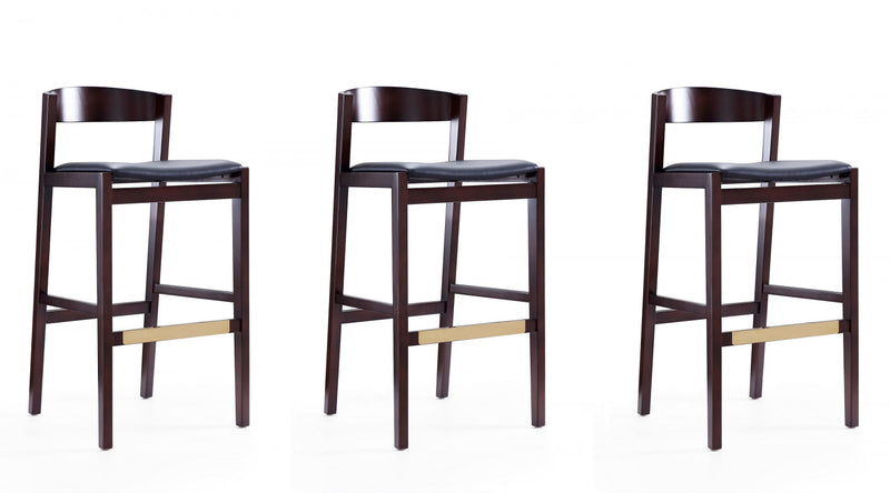 Klismos Mid-Century Modern Wood Upholstered Barstool in Black - Set of 3