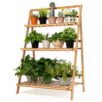 Costway Bamboo Ladder Plant Stand 3-tier Foldable Flower Pot Display Shelf Rack Natural