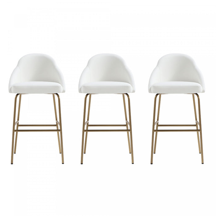 Gracie Modern Metal Upholstered Barstool in White and Gold - Set of 3