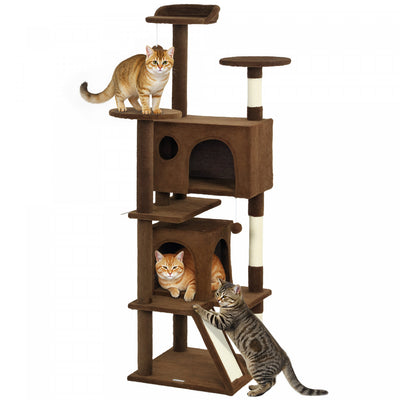 PawHut 63" Cat Tree, Cat Tower for Indoor Cats with Scratching Posts, Cat Condos, Bed, Platforms, Ramp, Toy Ball, Cat Activity Center, Light Brown
